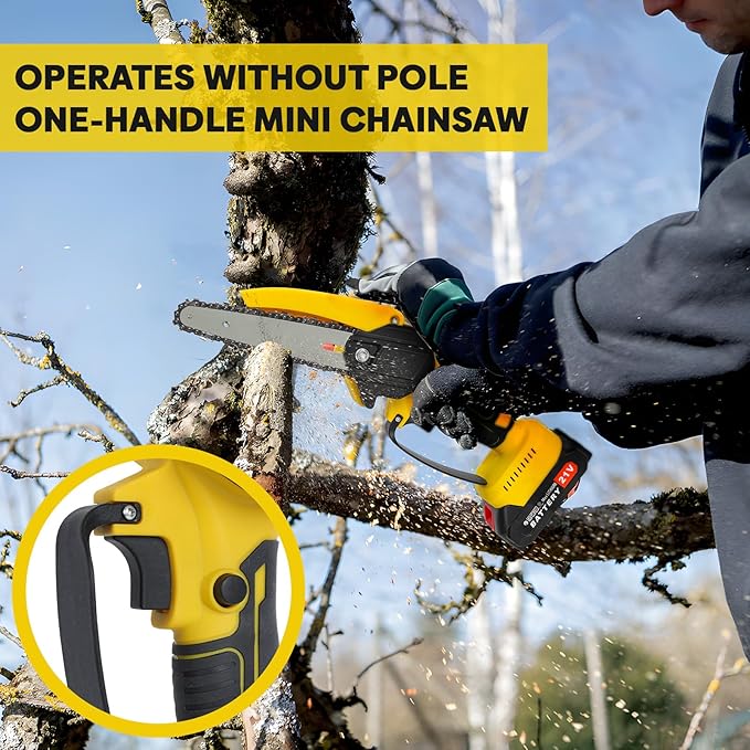 2-in-1 Electric Pole Saws for Tree Trimming, 6 Inch Mini Chainsaw Cordless with Extension Pole, Battery Powered Pole Chain Saw, Tree Trimmer Limb Branch Cutter Pruner with 2 Battery & Charger (Yellow)