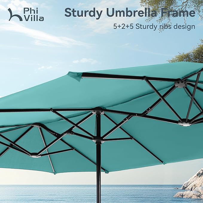 PHI VILLA 13ft Large Patio Umbrellas, Double-Sided Outdoor Market Rectangle Umbrella for Outside, Turquois