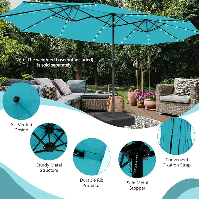 Tangkula 15 Ft Solar Patio Umbrella, Double-Sided Extra Large Outdoor Market Table Umbrella with 48 LED Lights, Crank Handle, 12 Sturdy Ribs for Poolside, Garden & Backyard (Turquoise)