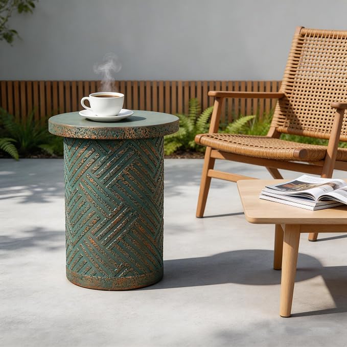 17INCH Stone Side Table,Round Faux Marble Side Table,Modern Small Stone End Table for Balcony (Green-17-7)