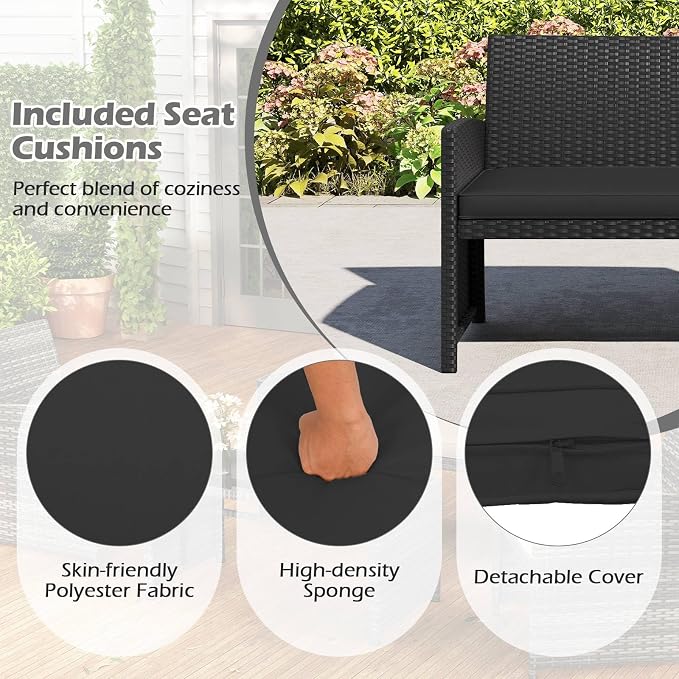 RELAX4LIFE 4-Piece Patio Furniture Set - Wicker Rattan Outdoor Sectional Sofa Set w/Glass Coffee Table, Loveseat, 2 Chairs & Soft Cushions, Bistro Conversation for Garden Porch (1, Black-Black)