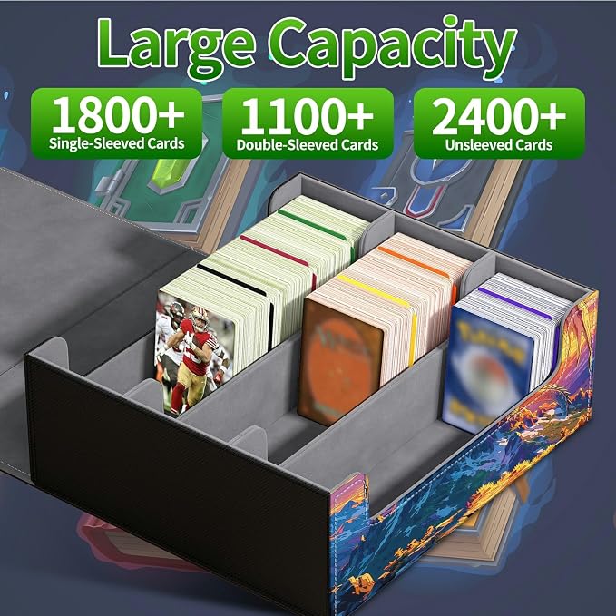 Large Card Deck Box for MTG, Fits 1200+ Sleeved Cards, PU Leather Storage Case with Strong Magnetic Closure, Multiple Colors for TCG CCG Baseball Card Collections, Mountain Sunset Dragon