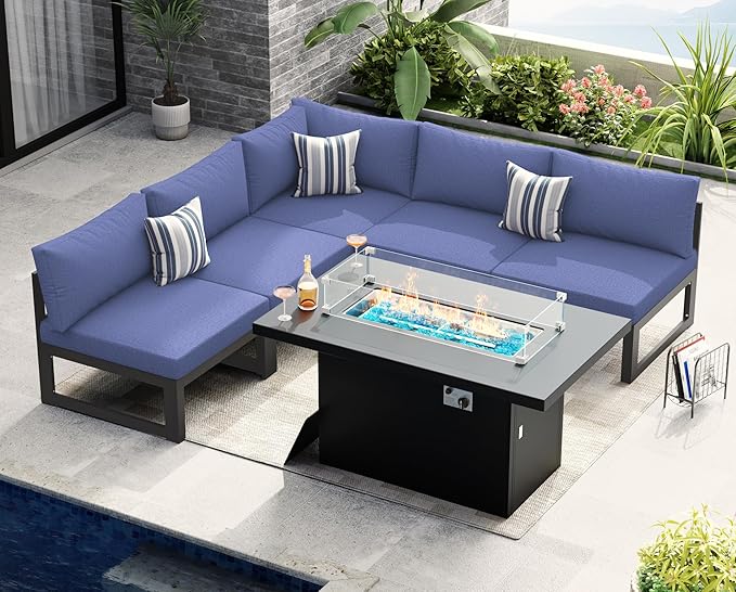 NICESOUL 6 Piece Modular Grey Aluminum Outdoor Patio Furniture Set with Fire Pit Table Propane/Natural Gas, 29" Deep Wide Seated Conversation Sofa, 500 lbs Heavy Duty L Shaped Sectional, Denim Blue