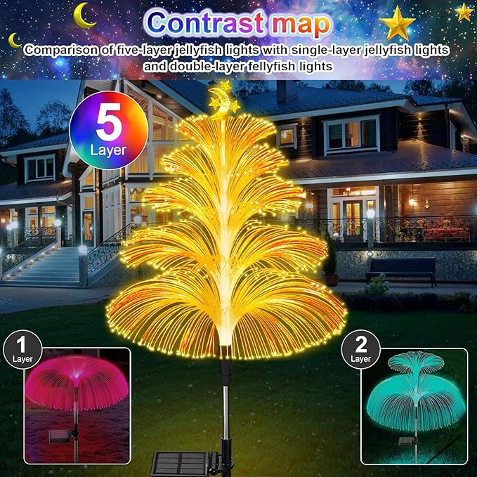WEITEXS Solar Garden Lights Decorations Outdoor Waterproof 5 Layer Optical Fiber 7 Color Changing for Yard Pathway Outside Decorative Gifts for Mother's Women, 3 Pack