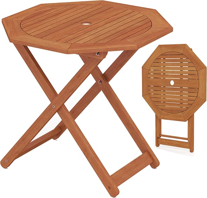 Tangkula 32-Inch Octagon Folding Outdoor Dining Table, Wood Patio Bistro Table with 2" Umbrella Hole and Slatted Tabletop, Outside Table for Garden, Yard, Porch, Teak Oil Finish, No Assembly Required