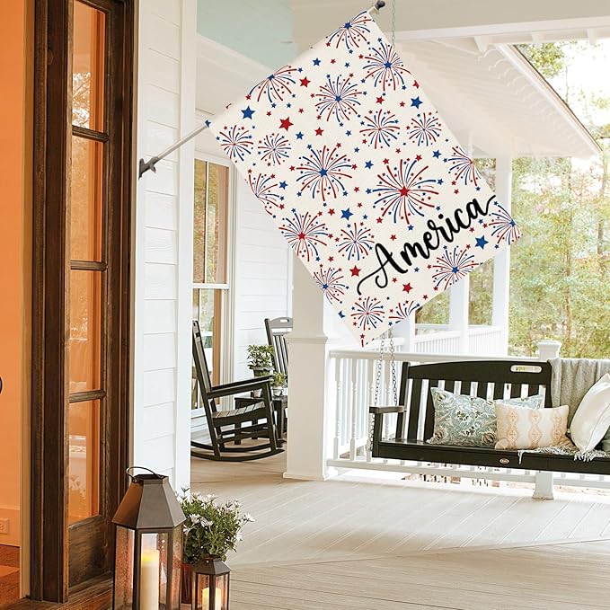 AVOIN colorlife 4th of July Patriotic Fireworks House Flag 28x40 Inch Double Sided Outside, Independence Day American Stars Yard Outdoor Decoration