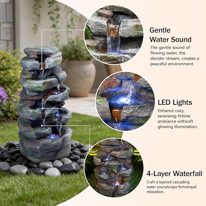 Rock Waterfall Outdoor Fountain with LED Lights Cascading Stone Garden Fountain for Patio Backyard Lawn Deck Resin Tiered Water Feature Outdoor Decor 23.6 Inch