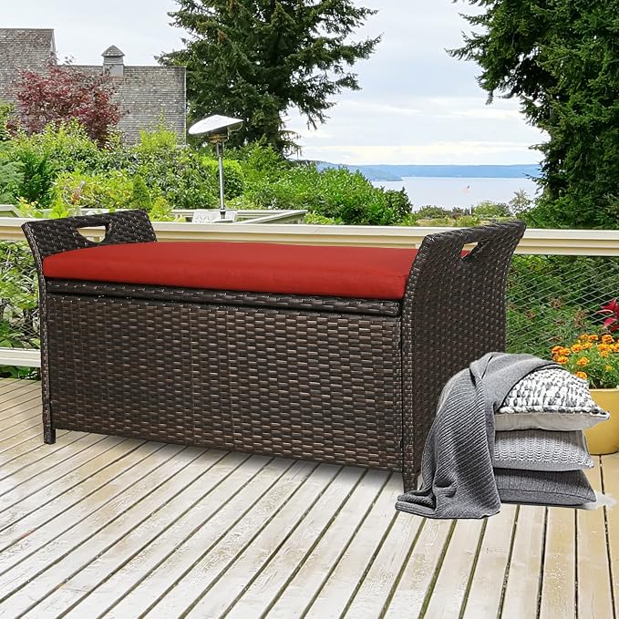 40 Gallon Outdoor Storage Bench Rattan Deck Box Patio Steel Frame Wicker Storage Container with Cushion, Red NPT-900004