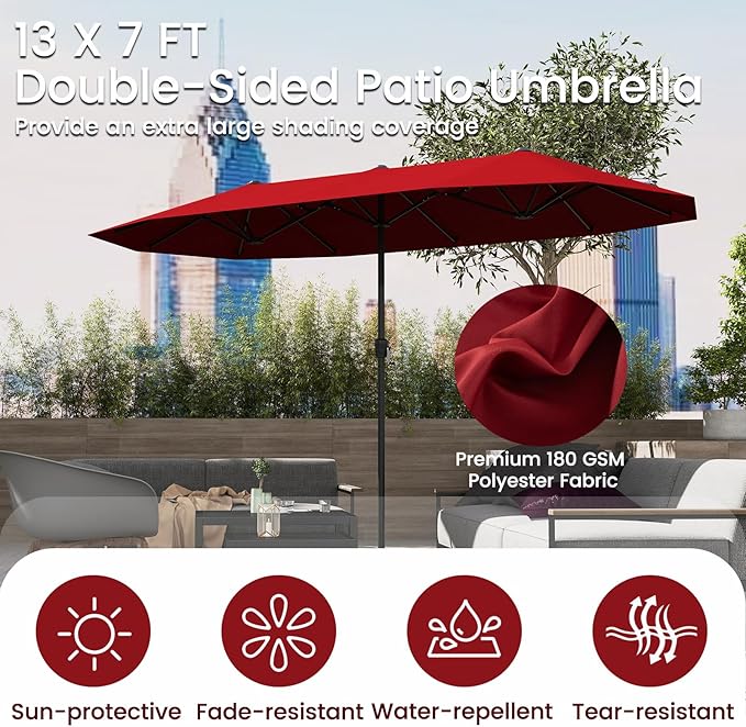 Tangkula 13 FT Large Patio Umbrella, Outdoor Double-Sided Table Market Umbrella w/Crank Handle, 12 Heavy-Duty Ribs, Sun-Protective Rectangular Twin Parasol for Garden Deck Lawn Poolside (Burgundy)