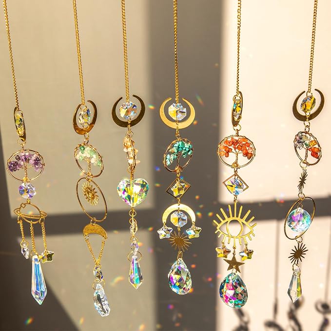 BlumWay Crystal Suncatcher, Hanging Suncatchers with Crystals Light, 6 PCS | Sun Catchers Indoor Window, Crystals Prism Light Catcher, Tree of Life, Crystal Suncatchers Indoor Outdoor, Home Garden Decor