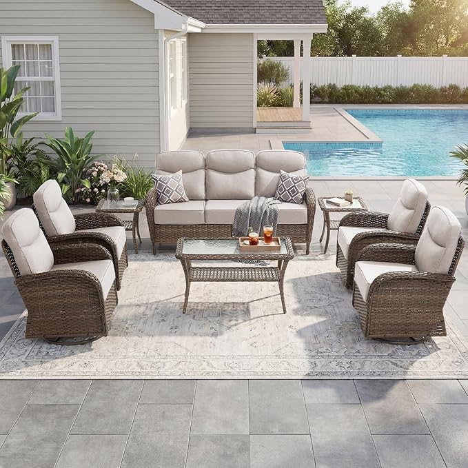 High Back Luxury Patio Furniture Set with 6-inch Thick Cushion, Swivel Rocker Patio Chairs Set of 4 with Outdoor Couch, 8 Piece Wicker Conversation Set for Deck Yard Garden Balcony Beige
