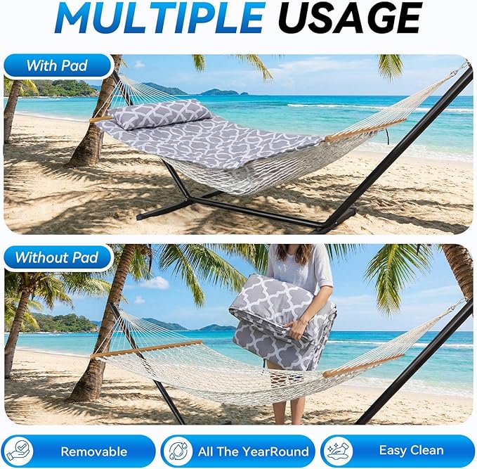 Double Hammock with Stand – Portable Cotton Rope Hammock with Removable Quilted Pad & Pillow, Adjustable Steel Frame for Patio, Backyard, Garden, Park, Camping & Outdoor Relaxation – White Gray