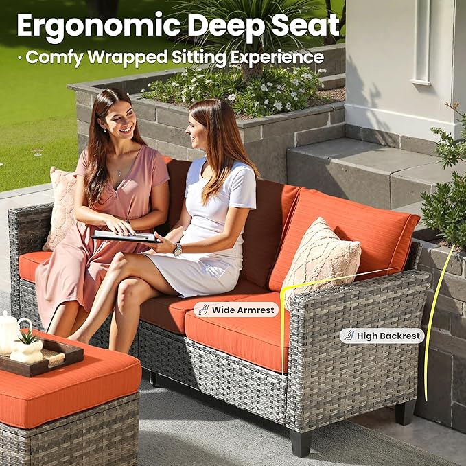 ovios 10 Pieces Patio Furniture Set, Outdoor Wicker Sofa with Rocking Swivel Chairs, Glider Chairs Rattan Couch with Comfy Cushions All Weather Conversation Set, Orange Red