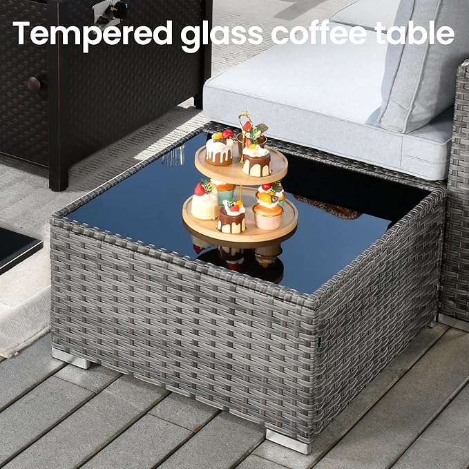 11 PCS Outdoor Patio Furniture Sets with 42'' Fire Pit Table,Wicker Weather Resistant Patio Conversation Set with 2 Wicker Rocking Chair,Modular L Shaped Sofa with Coffee Table for Yard,Light Grey