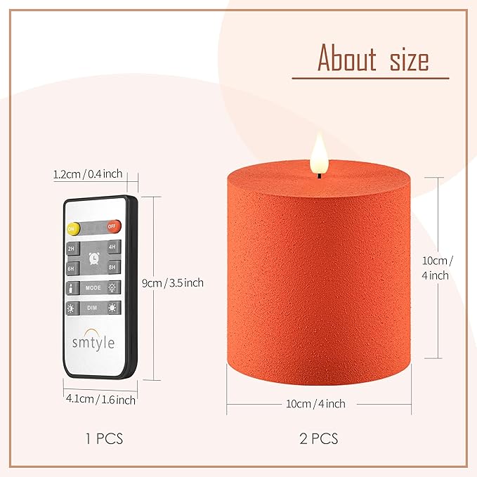 smtyle 4"X4" Orange Plastic Battery Operated Flickering Frosted Flameless LED Pillar Candles with Remote Set of 2 for Decor Home Ambience