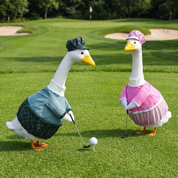 Abbylike 2 Set Golfer Porch Goose Outfit Teeing Off Golfer Goose Costume Clothes Fit 23" Lawn Geese Statue with Golf Clubs and Pins for Outdoor Yard Garden Patio Statue Art Decor