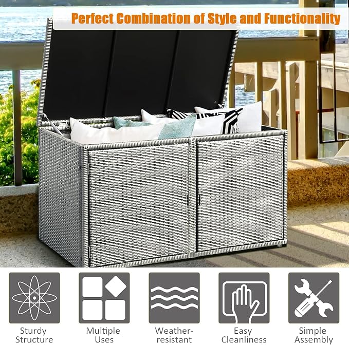 DORTALA 88 Gallon Deck Box Organizer, Wicker Large Indoor Outdoor Storage Container Cabinet for Patio Furniture Cushions Garden Tools, Gray