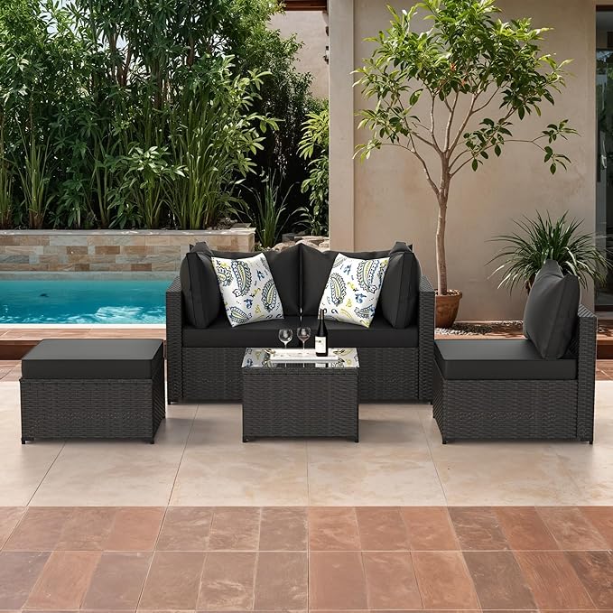 GOJOOASIS Patio Furniture Set Outdoor Sectional Sofa with Ottoman Wicker Couch Rattan Modular Seating Conversation Sets Porch Decor for Backyard, Balcony, Garden (Black)