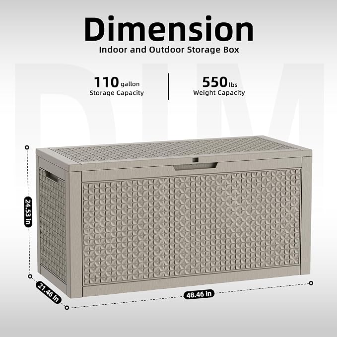 110 Gallon Deck Box Outdoor, Waterproof Outdoor Storage Boxes with Lids, Outside Resin Lockable Storage Box for Patio Cushions, Garden Tools(Grey)