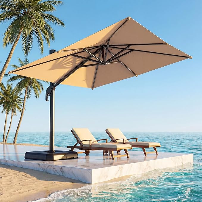LAUSAINT HOME 10FT Square Cantilever Patio Umbrella, 360° Rotation Offset Umbrella with Aluminum Frame, Large Outdoor Sun Shade for Backyard, Pool, Deck, Lawn(Square Khaki)