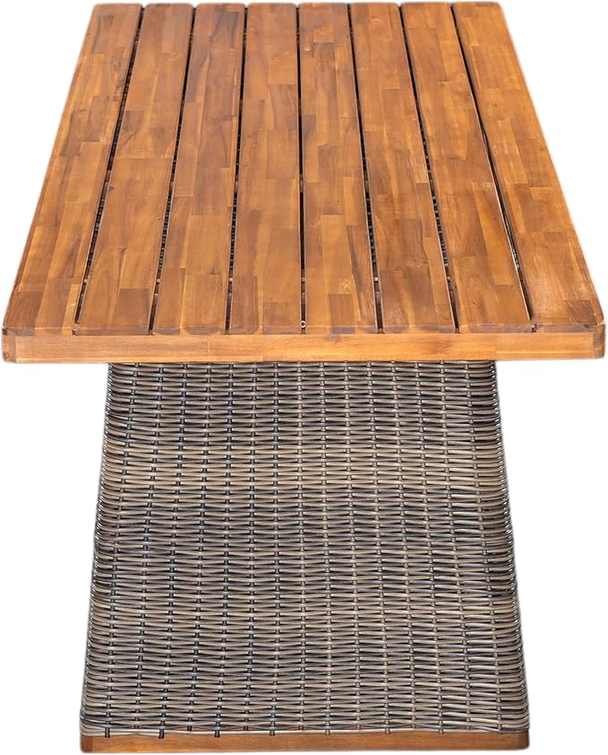 Christopher Knight Home Shuri Patio Acacia Wood Dining Table, Slatted Tabletop Outdoor Side Table with Handwoven Rattan Legs, Rectangular Outdoor Dining Table for Backyard/Garden, Grey + Teak