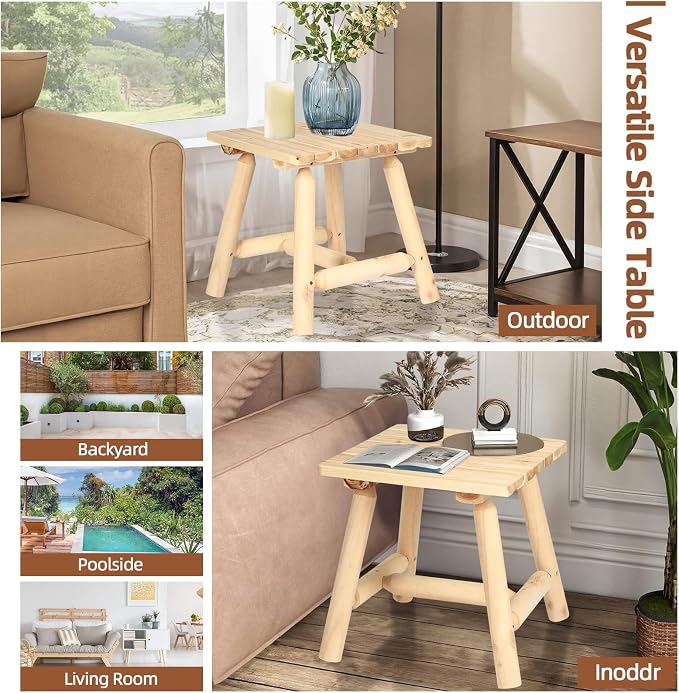 HOMEDIARY Wooden Outdoor Log CoffeeTable, Cedar Wood Adirondack Square End Table, 19.5” Indoor & Outdoor Patio Side Coffee Table for Garden, Patio, Backyard, Porch