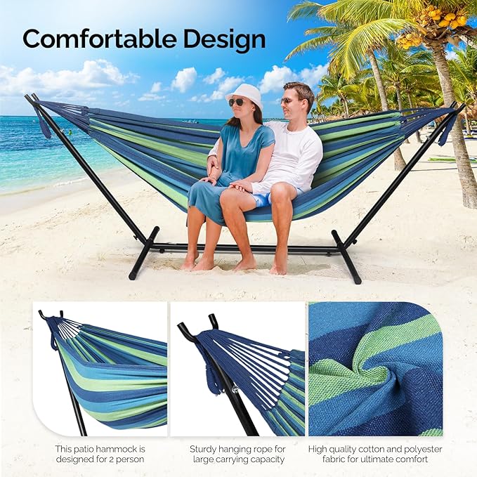 ONCLOUD Heavy Duty 550 LBS Double Hammock with Stand Included with Portable Carrying Bag, Upgraded 2 Person Hammock with Frame for Outdoors & Indoors, Series TDCTZ2 - Blue Green Stripe