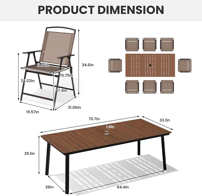 Crestlive Products 9 Piece Patio Dining Set, 70" Walnut Metal Outdoor Table and 8 Folding Chairs, with Umbrella Hole for Porch Poolside Yard Garden, Brown