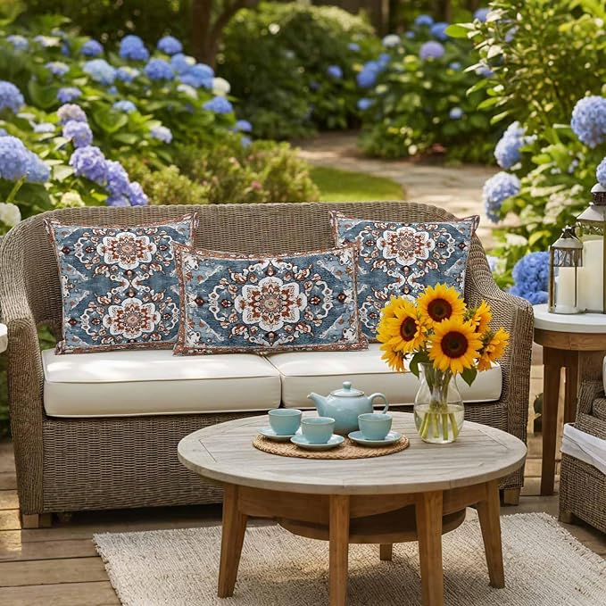 Blue Bohemian Waterproof Outdoor Pillow Covers Set of 2 Home Decor, Retro Pattern Oriental Farmhouse Ethnic Pillowcase Patio Pillow Covers for Couch Bench Furniture Garden 18x18in