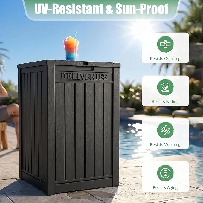 EasyUp Package Delivery Boxes for Outside, 55 Gallon Outdoor Storage Deck Box Parcel MailBox Drop Secure Resin Lockable UV Resistant Waterproof Mail Porch Patio Black