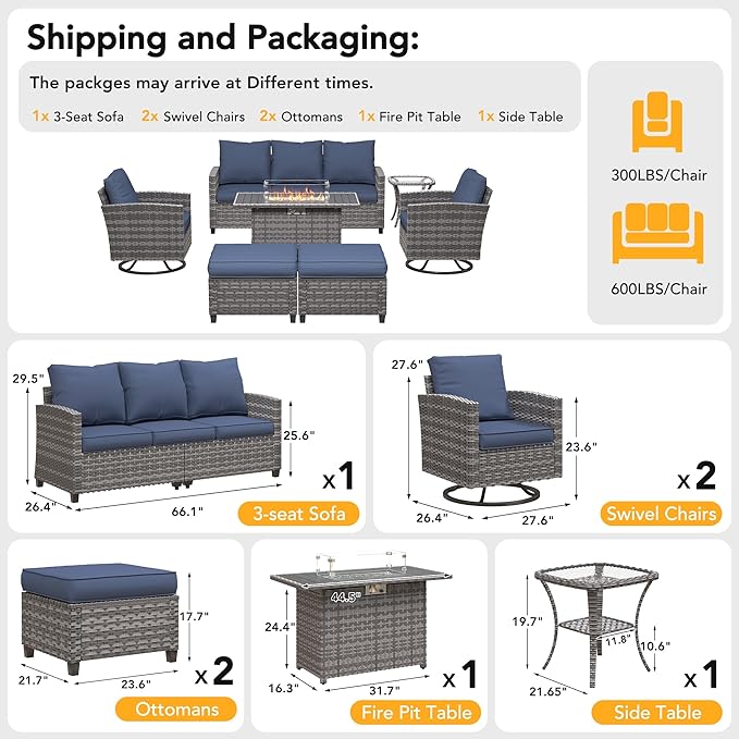 7 Pieces Patio Furniture Set with 44" Fire Pit Table, Outdoor Sectional Conversation Sets with Swivel Chair, Gas Fire Pit, Ottomans, Side Table, 4" Thick Cushion，for Backyard Garden Deck, Navy Blue