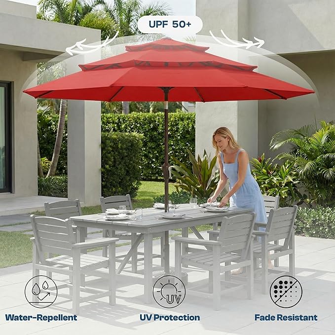 10ft Patio Umbrella, 3 Tier Outdoor Market Table Umbrellas with 8 Fiberglass Ribs and Push Button Tilt, Windproof, Vented Canopy, UV Protection for Deck, Pool, Backyard