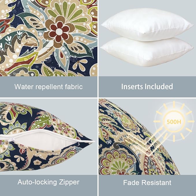 LVTXIII Set of 2 Patio Throw Pillows Waterproof 20"x20" Fade Resistant Outdoor Throw Pillows with Inserts, Decorative Garden Toss Pillow Cushions for Home Patio Sofa Use, Paisley Sapphire Blue