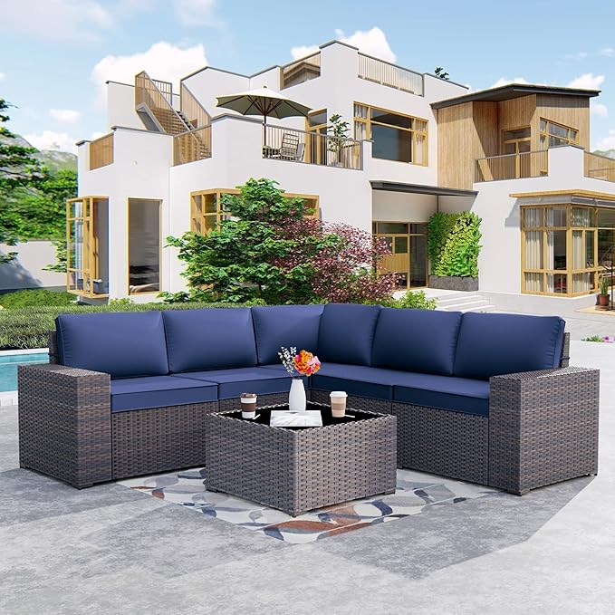 Patio Furniture Set Sofa 6-Pieces Wicker Sectional Sofa Set, Outdoor Furniture Rattan Patio Conversation Set with Thickened Cushion and Glass Coffee Table, Navy Blue