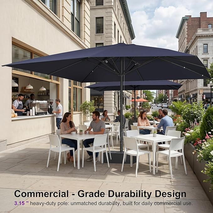 PURPLE LEAF 16' x 16' Square Semi-Auto Outdoor Patio Umbrella Aluminium Market Umbrella Table Sun Umbrella with 3.15" Rod and 8 Sturdy Ribs for Deck Lawn Pool Garden, Navy Blue