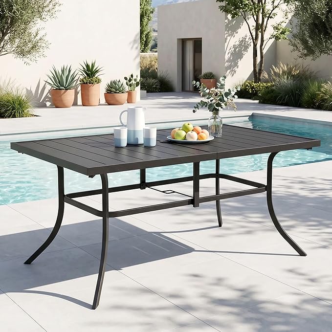 Sophia & William Outdoor Patio Table for 6 People, Rectangular Metal Patio Outdoor Dining Table, Black Steel Slatted Weather-Resistant Table with 1.57" Adjustable Umbrella Hole, L59 * W36 * H28