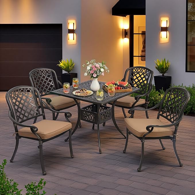 5-Piece Cast Aluminum Outdoor Patio Dining Set, All Weather Cast Aluminum Outdoor Furniture Dining Set for Patio, Balcony, Lawn, Garden, Backyard w/4 Chairs and Cushions, 2.0" Umbrella Hole