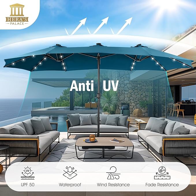 HERA'S PALACE 15ft Patio Umbrella with Base Included Double Sided Outdoor Umbrella for Patio Table Umbrella Outdoor 36 LED Solar Lights for Garden