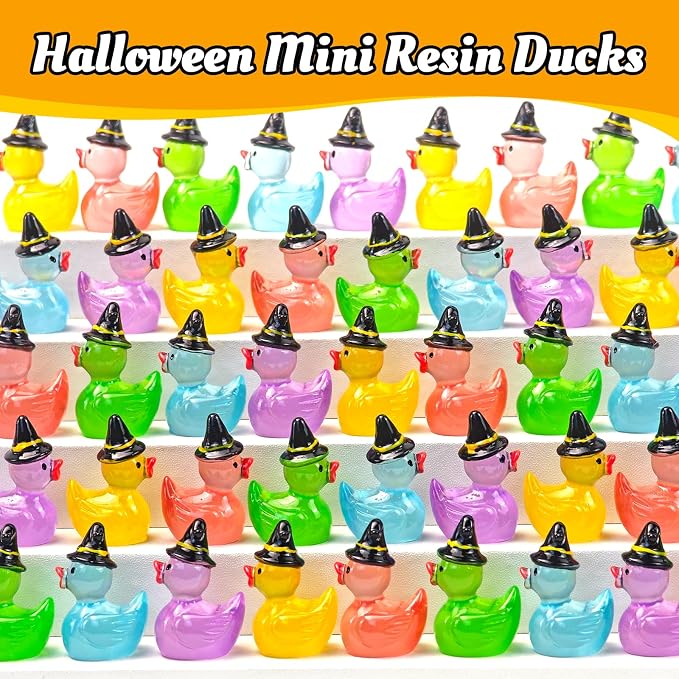 50 Pcs Halloween Luminous Mini Resin Ducks Miniature Figurines | Tiny Little Plastic Duck Figures with Witch Hat Glow in the Dark, Halloween Crafts Micro Landscape Fairy Garden Party Decor