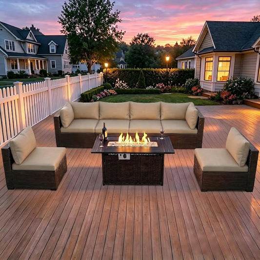 LEVELEVE 8-Piece Wicker Patio Conversation Set with 44" Propane Fire Pit Table, Cozy Outdoor Sectional Sofa for Backyard Gatherings, Poolside Lounging & Garden Parties