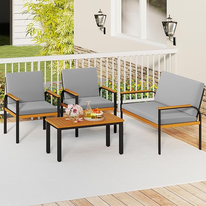 Tangkula 4 Pieces Patio Furniture Set, Outdoor Conversation Set with Acacia Wood Coffee Table, Cushioned Loveseat & 2 Single Armrest Chairs, for Porch, Garden, Backyard, Poolside
