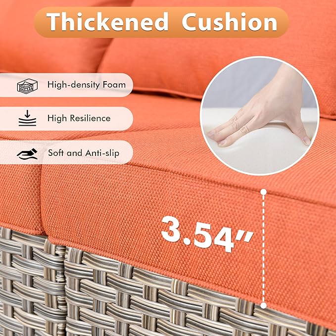 Outdoor Patio Furniture Sets, 8 PCS Patio Conversation Set Outside Rattan Sofa with 54 in Fire Pit Table Comfy Cushions Fit Backyard Porch Garden Poolside Balcony,Orange Red