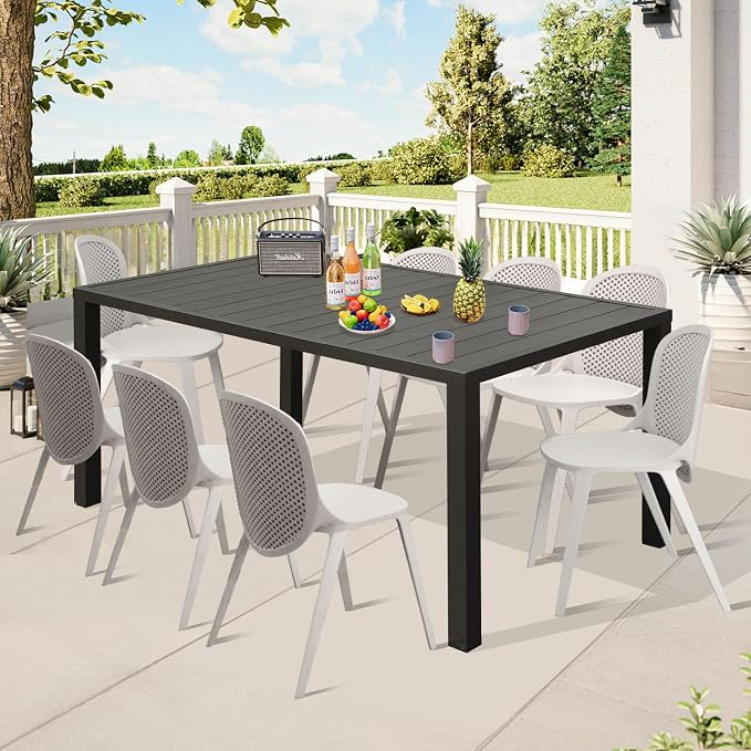 Domi Outdoor Dining Table for 8, Rectangular Metal Patio Table with Umbrella Hole for Deck Garden Lawn Backyard Use, Brown