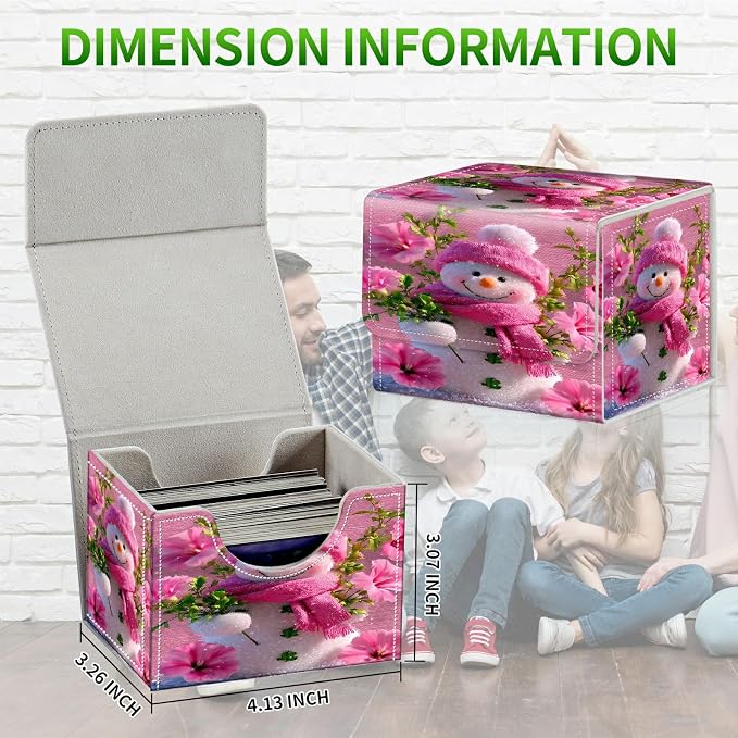 Card Deck Box for MTG, Cards Storage Box Fits 120+ Sleeved, Leather Small Size Strong Magnetic Closing Card Case for Board Games Magic TCG CCG Baseball Collection, Pink Flower Snowman