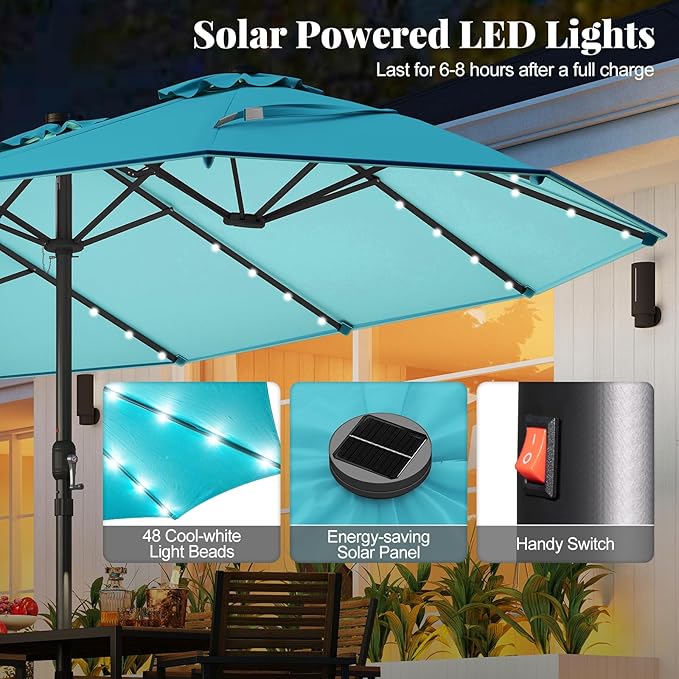 Tangkula 15FT Double-Sided Solar Patio Umbrella, Extra-Large Outdoor Twin Umbrella with 48 LED Lights, Vented Top, Crank Handle, 12 Ribs, Weighted Base Included for Backyard Poolside Deck (Turquoise)