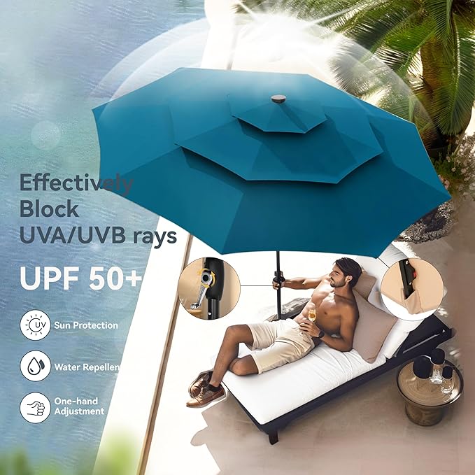 PHI VILLA 10ft Patio Umbrella with Light, Outdoor Large Auto-Tilt 3 Tier Market Table Umbrellas with 8 Sturdy Ribs and 1.5" Pole for Lawn Poolside Garden Terrace, Cyan