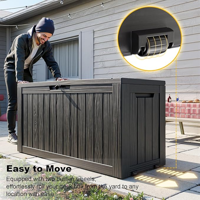 PatioZen 75 Gallon Large Deck Box,Resin Outdoor Storage Box with Lockable for Patio Furniture, Pool Accessories, Garden Tools Waterproof Outside Storage Box, Black