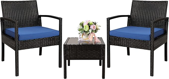 3 Piece Outdoor Patio Furniture Sets, Rattan Conversation Set with Soft Cushion, Wicker Chairs with Coffee Table for Yard Backyard Lawn Porch Poolside Balcony, Blue