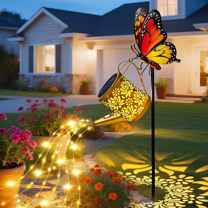 Solar Lights Outdoor Decorative, Watering Can with Cascading LED Lights on Butterfly Shepherd's Hook, Solar Garden Stake Decor for Patio Yard Pathway, Gift for Women Mom
