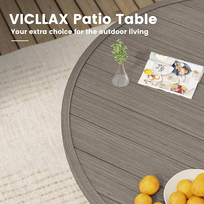 VICLLAX 47.2" Round Patio Table, Outdoor Dining Table for 6 with Umbrella Hole for Garden Lawn Deck Backyard, Antique Grey